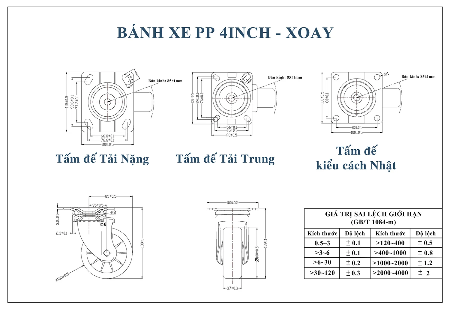 Thông số kỹ thuật bánh xe đẩy nhựa PP CP045-100 xoay