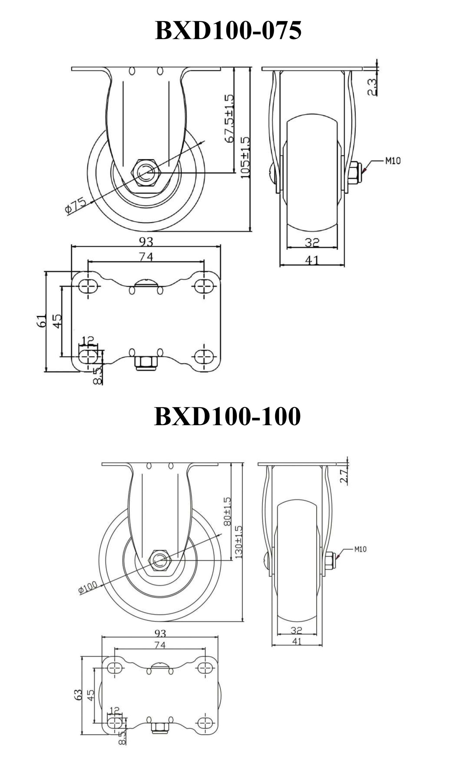 Bảng thông số kỹ thuật bánh xe đẩy nhựa TPR CP092, CP093, CP094